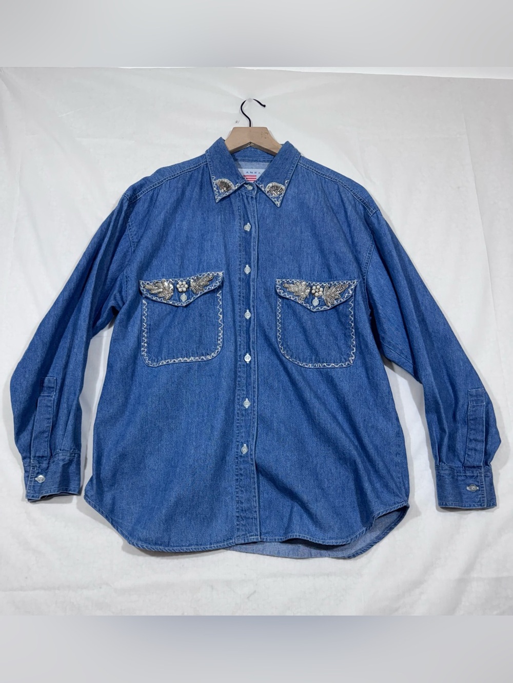 Vintage 90's Womens Denim Button-down Shirt Size M Beaded Sequin Western